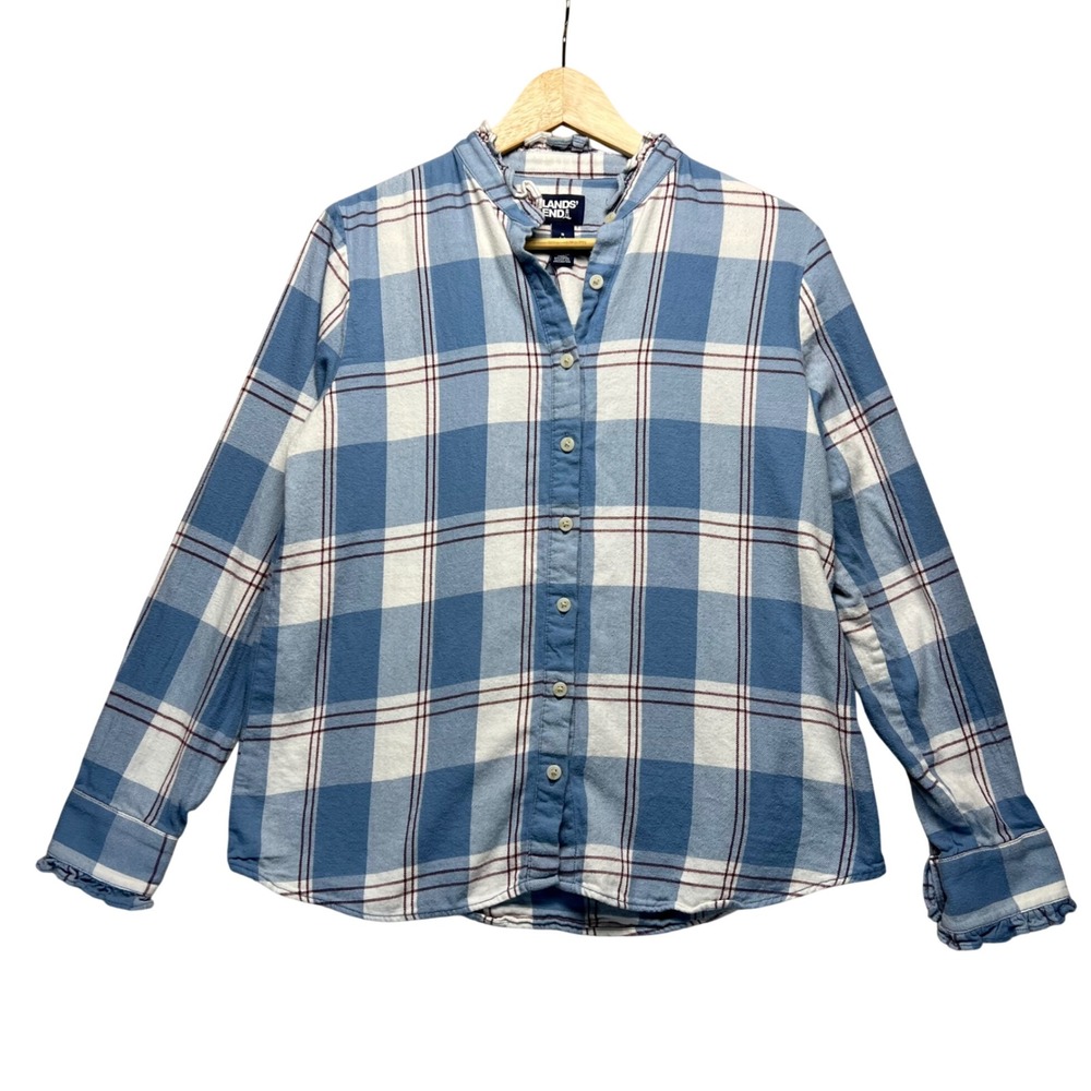Lands End Blue White Plaid Ruffle Collar Flannel Shirt Womens‎ Small 6-8 Cotton
